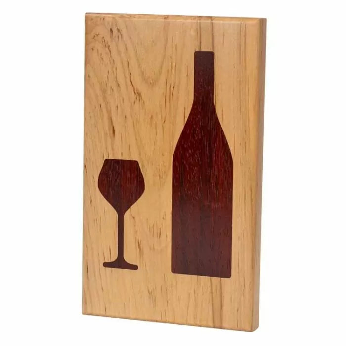 Wooden cutting board with inlaid wine bottle and glass silhouettes, woodworking project