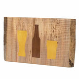 Wood inlay sign with beer bottle and glass shapes, woodworking project example