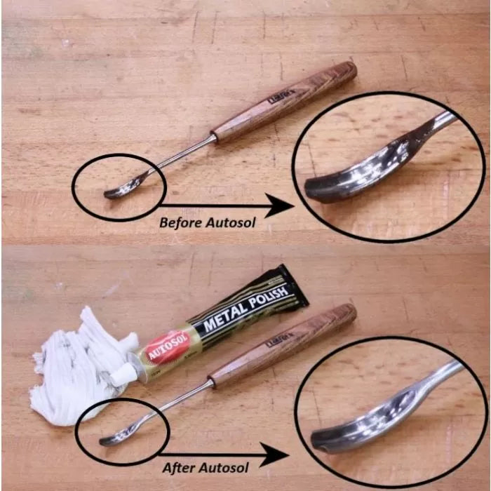 Before and after using metal polish on woodworking gouge, showing tool restored to a clean shine