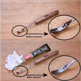 Before and after using metal polish on woodworking gouge, showing tool restored to a clean shine