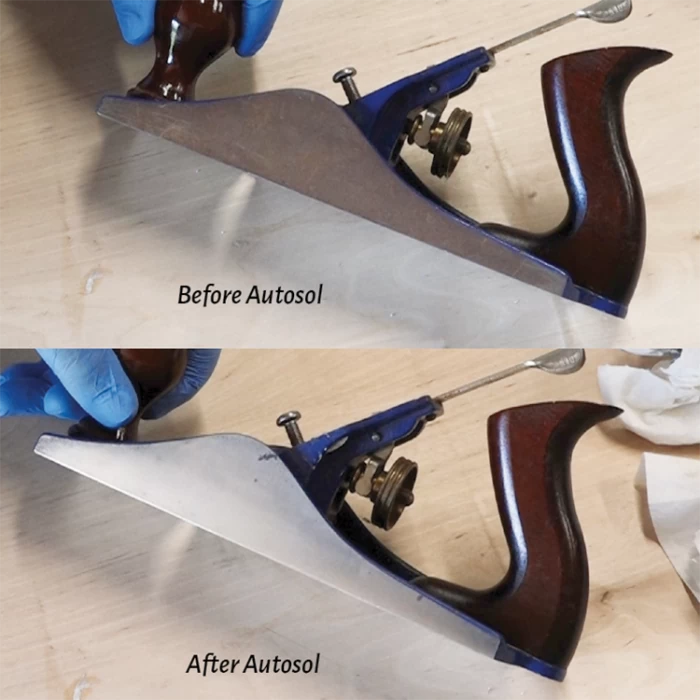 Side-by-side image of hand plane tool before and after metal polishing on wood surface
