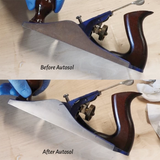 Side-by-side image of hand plane tool before and after metal polishing on wood surface