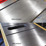 Table saw top before and after cleaning, showing rust removal and polished metal surface.