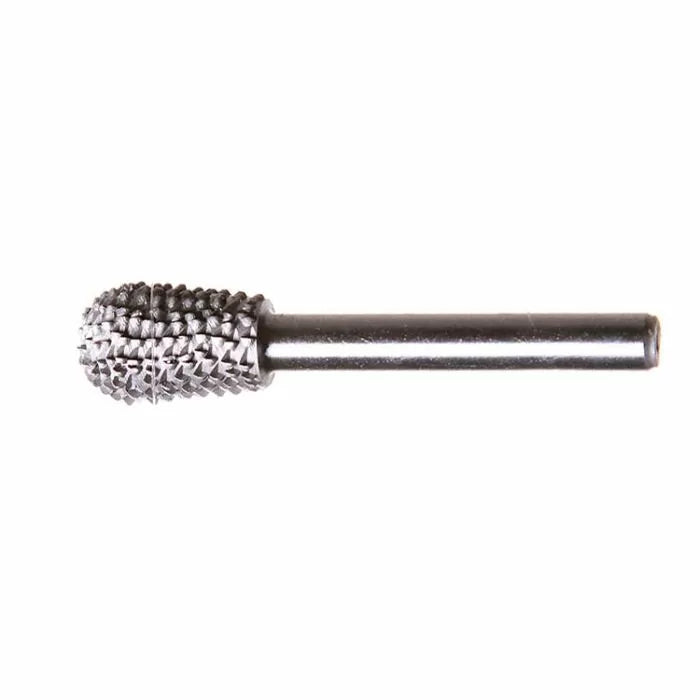Metal rotary burr bit for woodworking and metal shaping, isolated on white background.