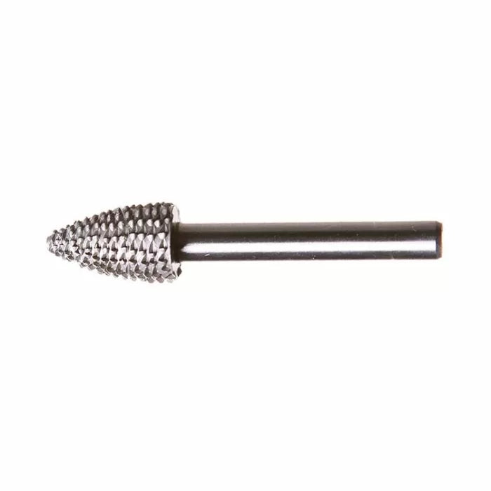 Carbide rotary burr tool with pointed cone shape and textured cutting surface for woodworking