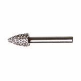 Carbide rotary burr tool with pointed cone shape and textured cutting surface for woodworking