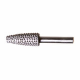 Tungsten carbide rotary burr for woodworking, pointed cone shape on white background