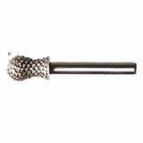 Ball-shaped rotary burr tool with textured cutting surface and straight shank for woodworking