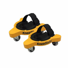 Yellow rolling knee pads with black straps and wheels, ideal for woodworking projects
