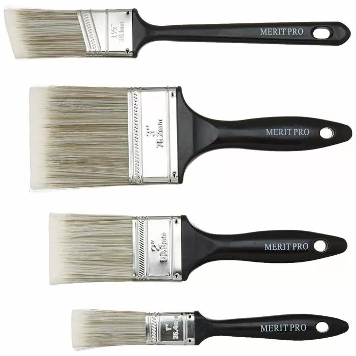 Set of four flat paint brushes with black handles, assorted sizes, arranged vertically