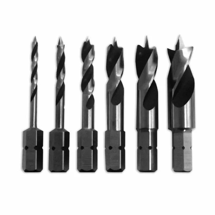 Set of six woodworking drill bits in various sizes, hex shank, on a white background.