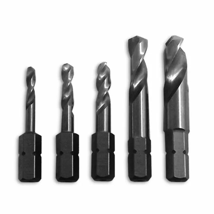 Set of five hex shank drill bits for woodworking, various sizes, on white background.