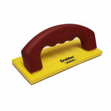 Yellow woodworking push block with red ergonomic handle for saw and router table safety