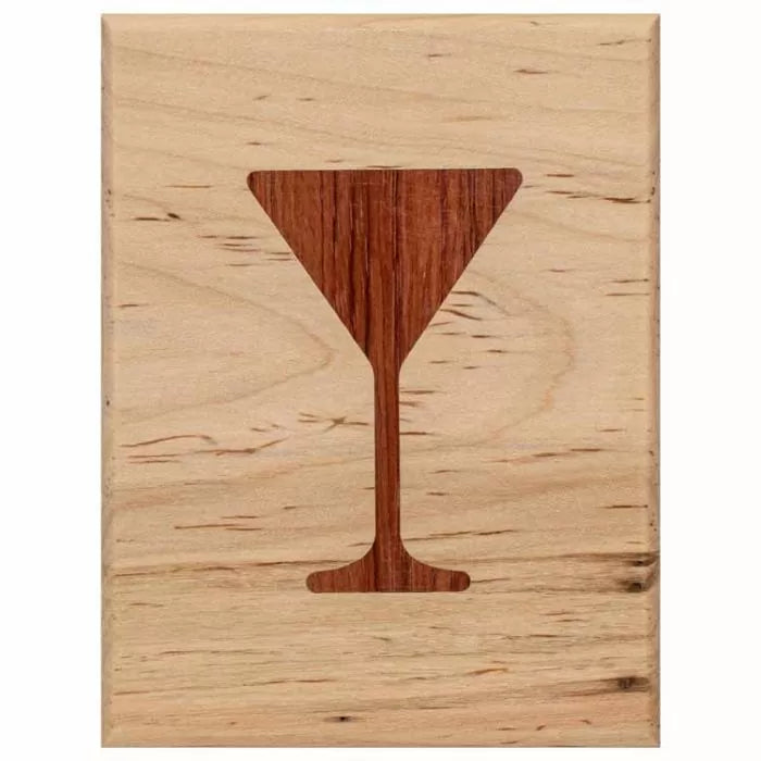 Wood inlay with cocktail glass shape, woodworking project, precision routed design
