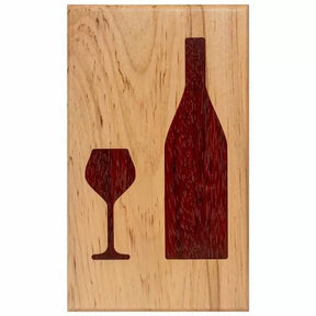 Wood inlay panel with wine bottle and wine glass cutout, woodworking decorative project.