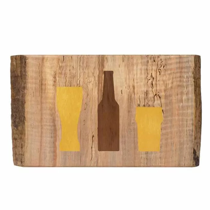 Wooden cutting board with beer glass, bottle, and pint glass inlays, rustic finish