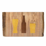 Wooden cutting board with beer glass, bottle, and pint glass inlays, rustic finish