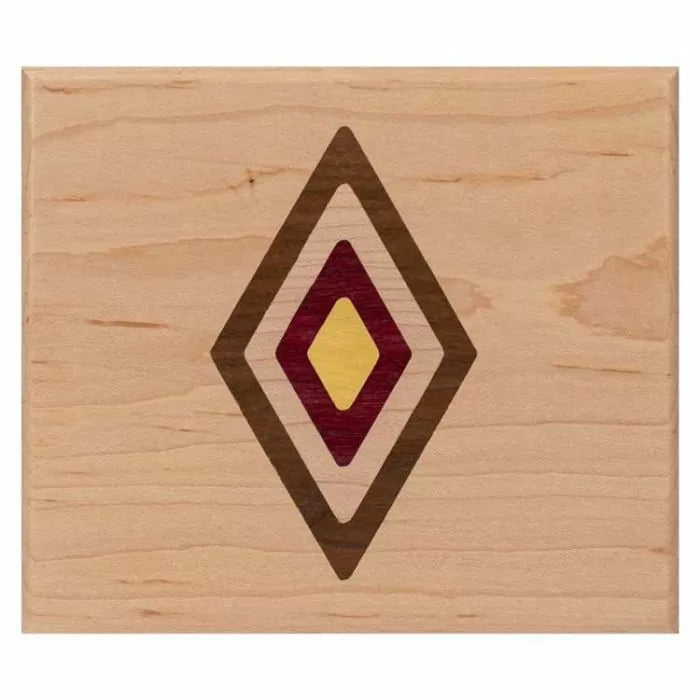 Wood inlay panel with geometric diamond pattern, featuring decorative woodworking detail.