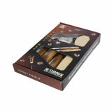 Wood carving chisel set in box with visible wooden handles and metal blades, ideal for woodworking.