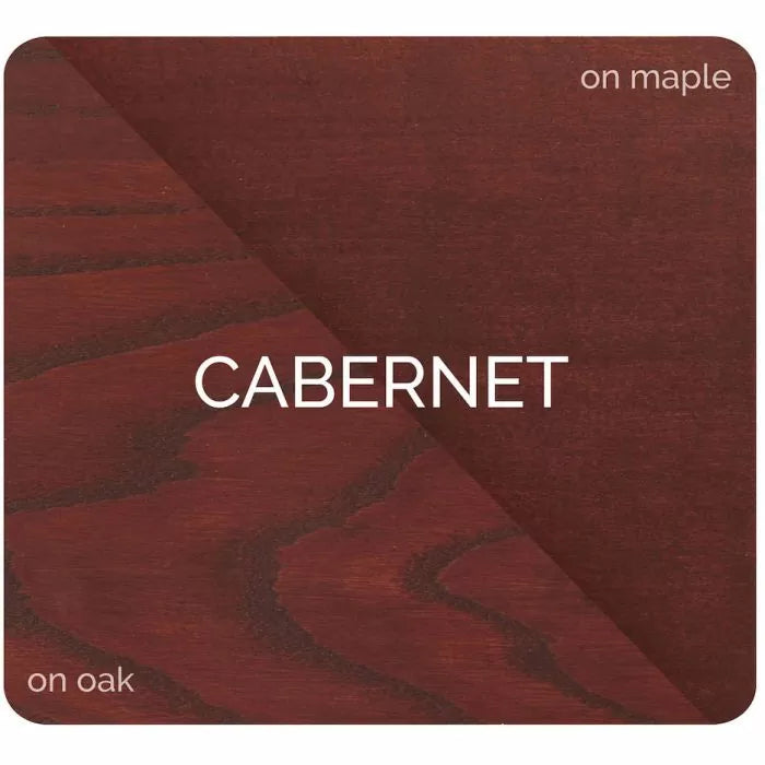 Cabernet wood stain sample shown on maple and oak for woodworking projects.