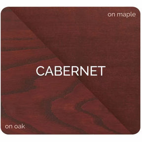 Cabernet wood stain sample shown on maple and oak for woodworking projects.