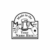 Man cave sign design with beer mug, dice, playing card, and customizable text area.