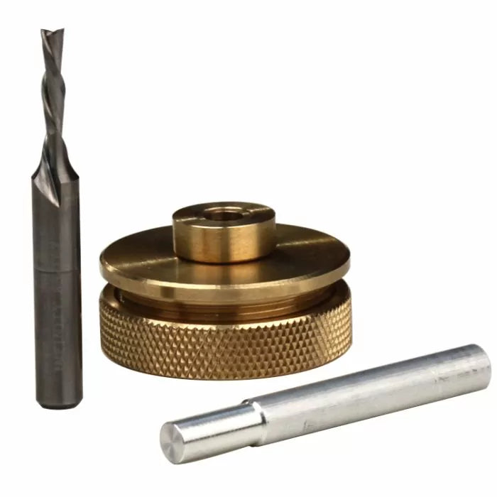 Router lift adjustment tool set with brass wheel, steel drill bit, and alignment rod