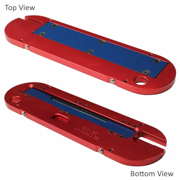 Red and blue aluminum table saw insert plate, shown top and bottom view, woodworking accessory.