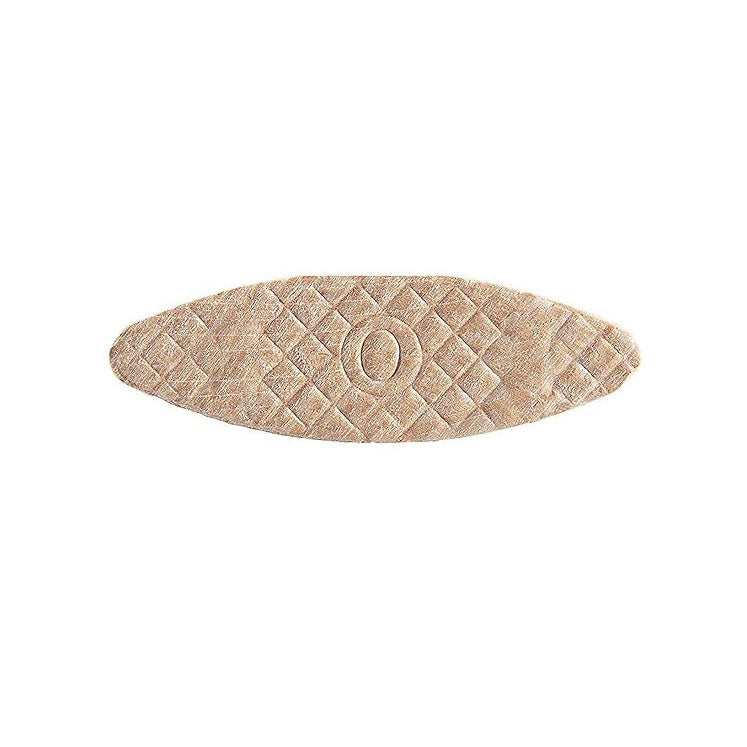 Wood biscuit joiner, oval compressed wood piece with crisscross texture on white background