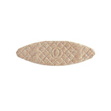Wood biscuit joiner, oval compressed wood piece with crisscross texture on white background