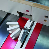 Table saw dado blade setup gauge blocks on red throat plate for woodworking precision