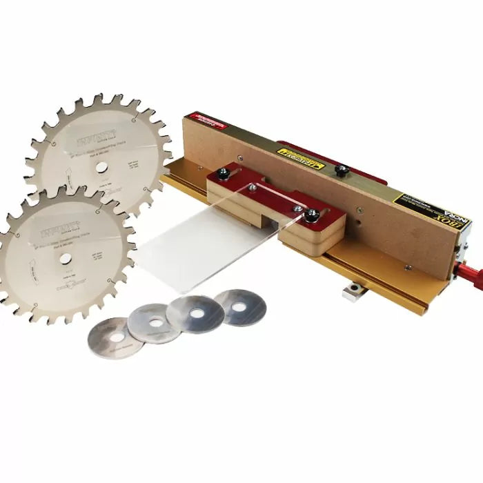 Dado blade set with table saw fence and spacers for woodworking precision cuts