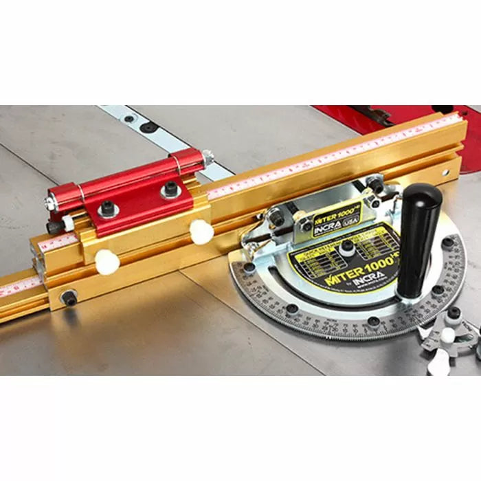 Precision miter gauge for table saw with adjustable fence and angle settings, woodworking tool