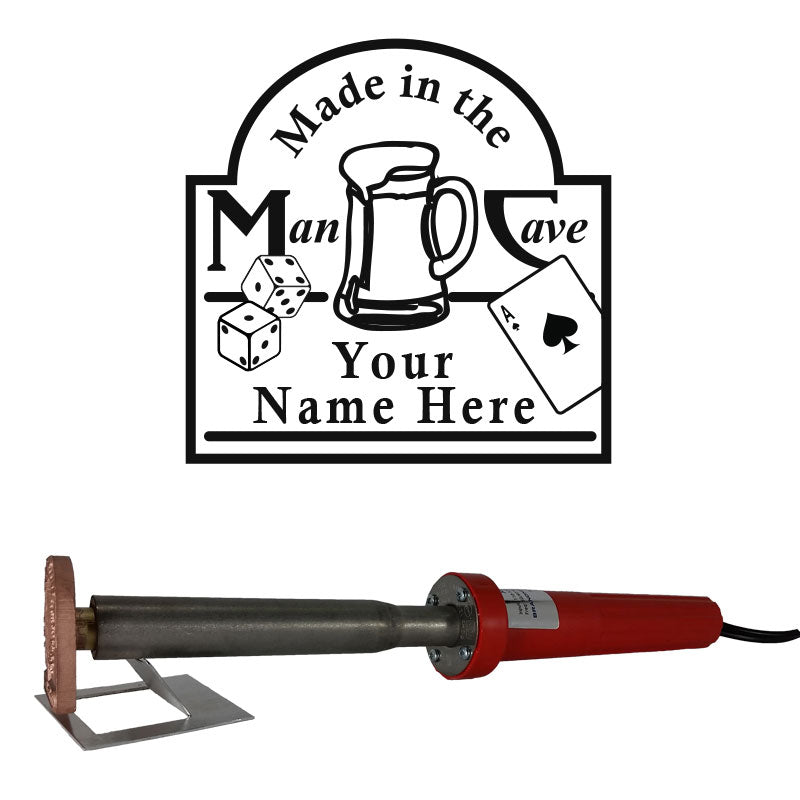 Custom wood branding iron with engraved 'Made in the Man Cave' sign design, electric handle