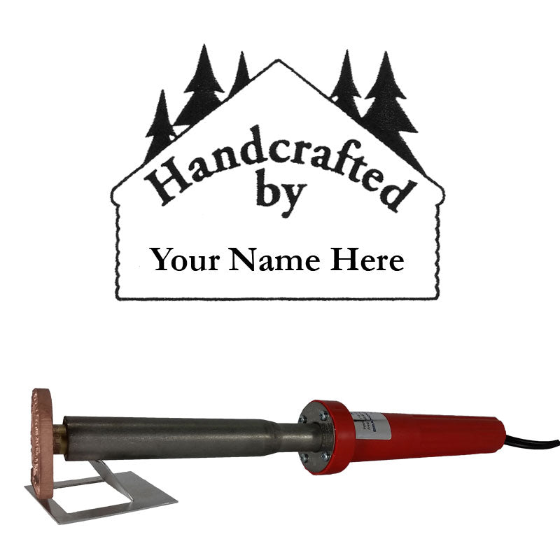 Custom woodworking branding iron with 'Handcrafted by Your Name Here' design and red handle