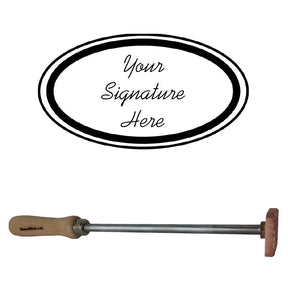 Custom oval branding iron with wooden handle for woodworking, text reads 'Your Signature Here'.