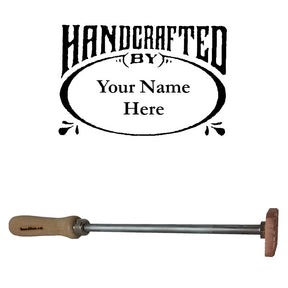Woodworking branding iron with customizable 'Handcrafted by Your Name Here' stamp and wooden handle
