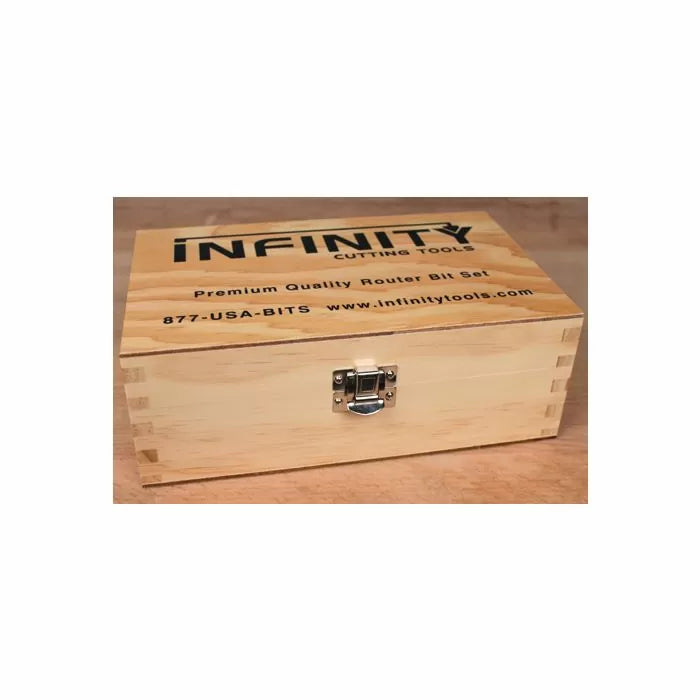 Wooden router bit set box with latch and engraved Infinity Cutting Tools logo on lid