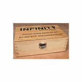 Wooden router bit set box with latch and engraved Infinity Cutting Tools logo on lid