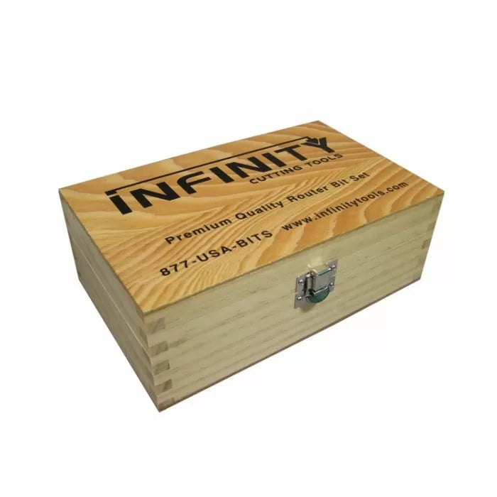 Wooden router bit set box with latch and Infinity Cutting Tools label