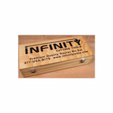 Wooden box with Infinity Cutting Tools logo, for premium router bit set storage.