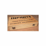 Wooden router bit set storage box with metal latches on a wood surface