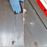 Cleaning and restoring a table saw top with rust and residue removal process shown