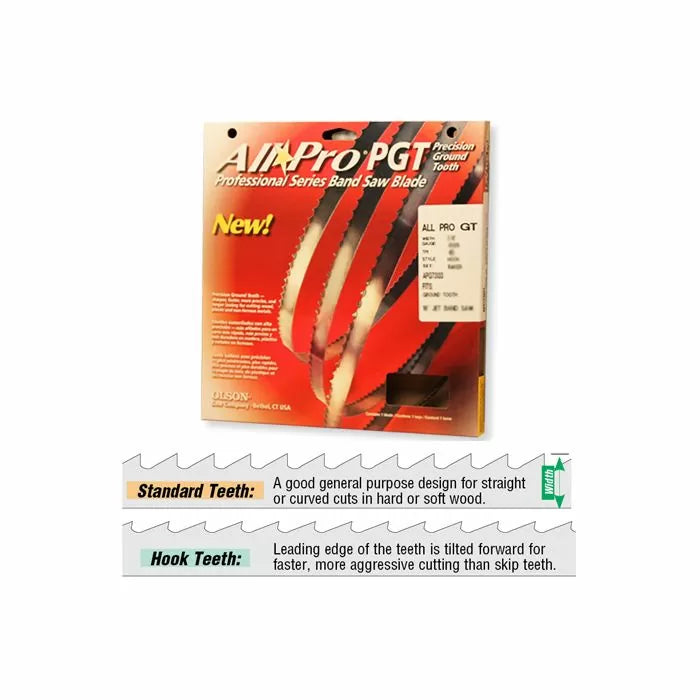 All Pro PGT band saw blade packaging with examples of standard and hook teeth profiles for woodworking.