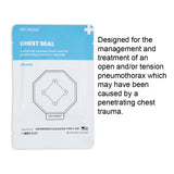 Chest seal vented medical patch packaging for treating thoracic wounds and chest trauma
