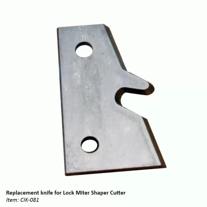 Replacement knife for lock miter shaper cutter with mounting holes on white background