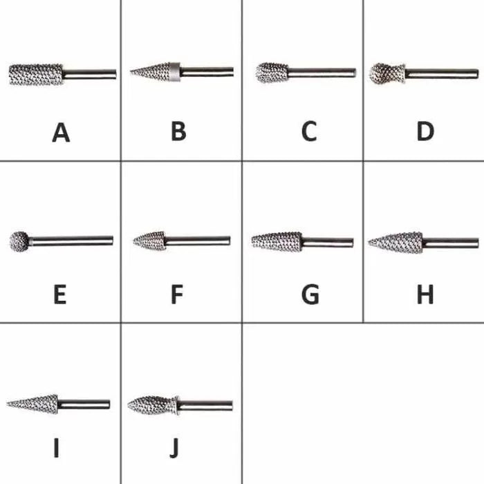 Assorted rotary burr set with different carbide bit shapes for woodworking and metalwork
