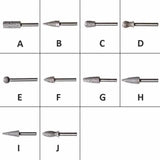 Assorted rotary burr set with different carbide bit shapes for woodworking and metalwork