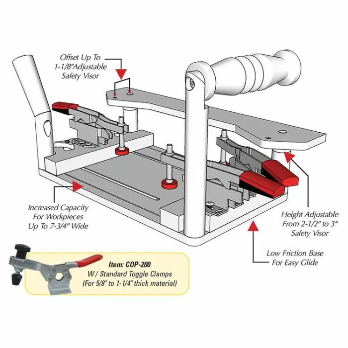 Adjustable woodworking coping sled with toggle clamps, safety visor, and low-friction base.