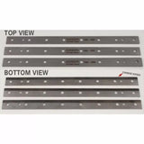 Set of four carbide jointer planer blades with mounting holes, shown in top and bottom view.